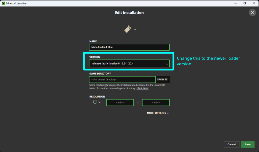 Aktualisieren der Fabric-Loader-Version im Minecraft-Launcher.